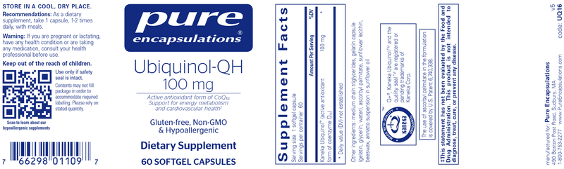Ubiquinol-QH 100 Mg (Pure Encapsulations) label