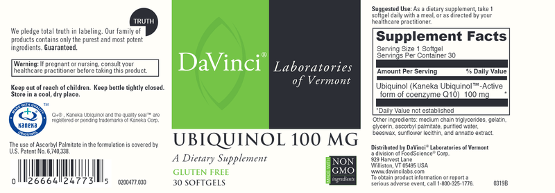 Ubiquinol 100 Mg 30 Softgels DaVinci Labs Label