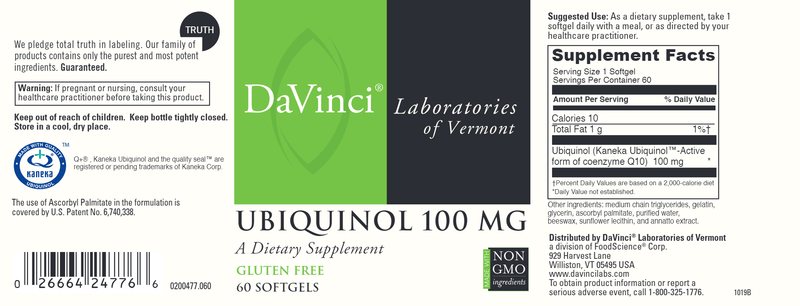 Ubiquinol 100 Mg 60 Softgels DaVinci Labs Label