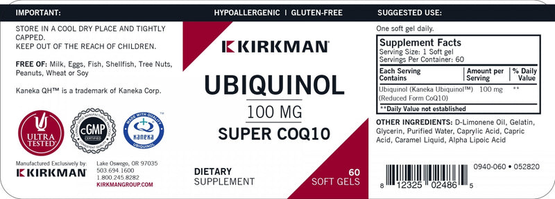 Ubiquinol 100 mg Super CoQ10 (Kirkman Labs) Label