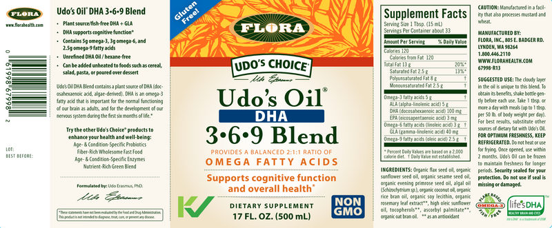 Udo's Choice DHA Oil Blend (Flora) 17oz Label