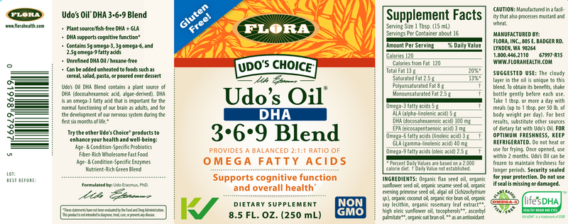 Udo's Choice DHA Oil Blend (Flora) 8.5oz Label