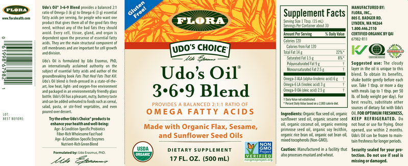 Udo's Choice Oil Blend (Flora) 17oz Label 