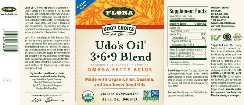 Udo's Choice Oil Blend (Flora) 32oz Label