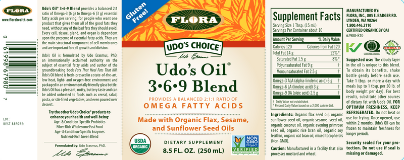 Udo's Choice Oil Blend (Flora) 8.5oz Label