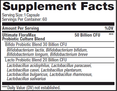 Ultimate FloraMax 50 Billion (Advanced Naturals) 60ct Supplement Facts
