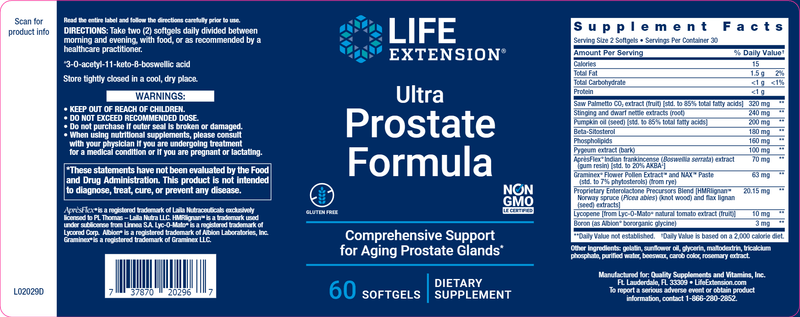 Ultra Prostate Formula (Life Extension) Label