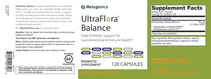 UltraFlora Balance (Metagenics) 120ct Label