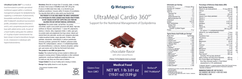 UltraMeal Cardio 360 Pea Chocolate (Metagenics) Label