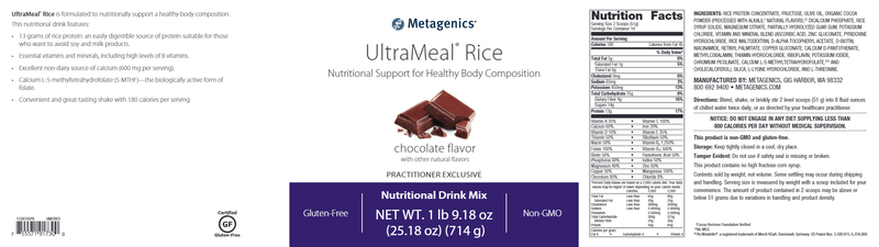 UltraMeal RICE Chocolate (Metagenics) Label
