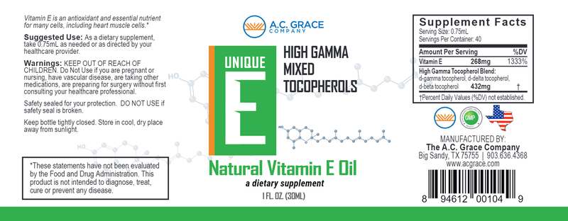 Unique E Tocopherol Oil (AC Grace) Label