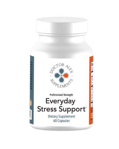 everyday stress support - doctor alex supplements | ashwagandha | skullcap | eleuthero | rhodiola root | L-theanine | phosphatidylserine