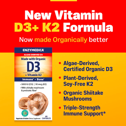 Organic Vitamin D3 + K2 (Enzymedica) New Vitamin D3 + k2 formula