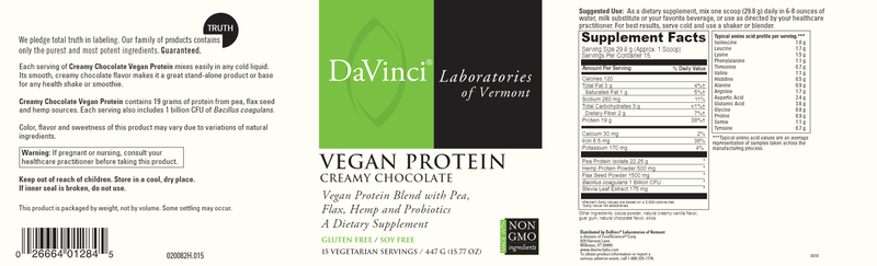 Vegan Protein Creamy Chocolate (DaVinci Labs) Label