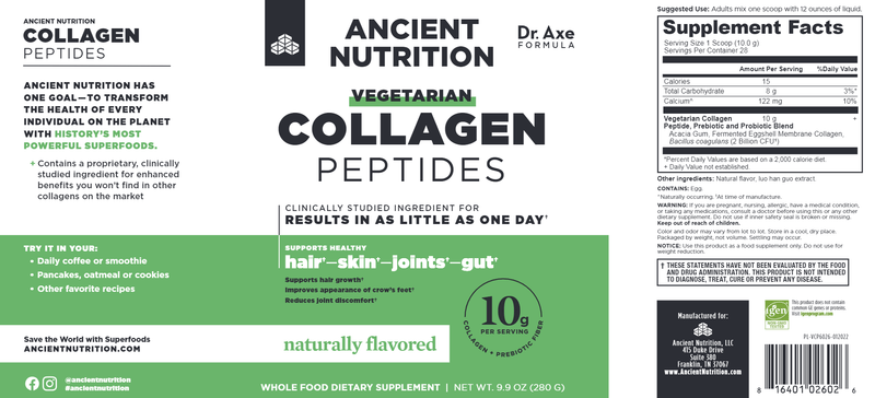 Vegetarian Collagen Peptides Powder Ancient Nutrition Label