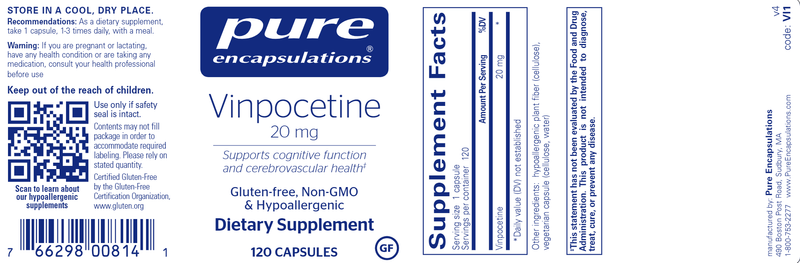 Vinpocetine 20 Mg. 120 caps (Pure Encapsulations) label
