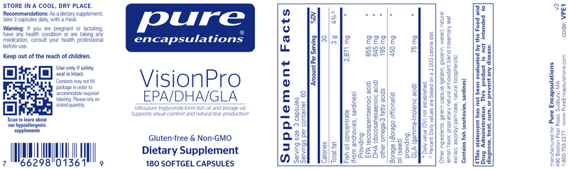 VisionPro EPA/DHA/GLA 180 caps (Pure Encapsulations) label
