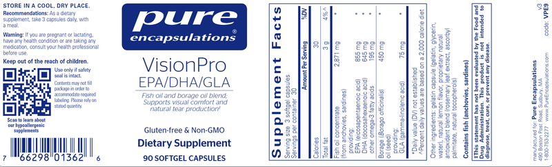 VisionPro EPA/DHA/GLA 90 caps (Pure Encapsulations) label