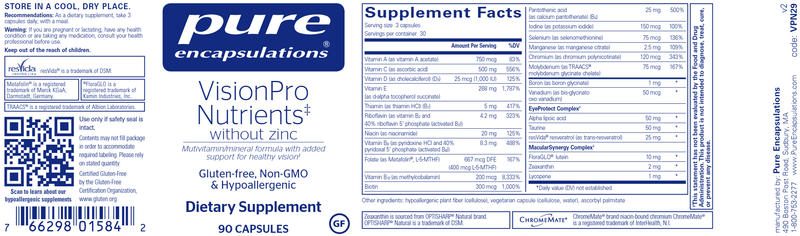 VisionPro Nutrients without Zinc* (Pure Encapsulations) label
