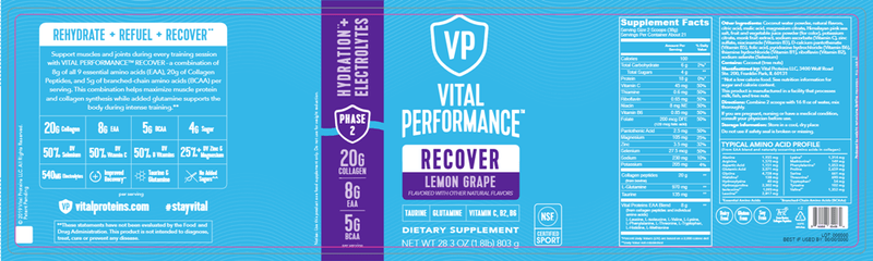 Vital Performance Recover - Lemon Grape (Vital Proteins) Label