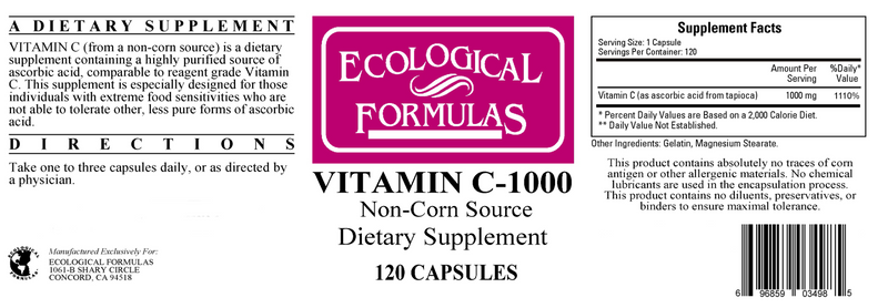 Vitamin C-1000 from Tapioca (Ecological Formulas) 120ct Label