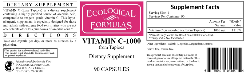 Vitamin C-1000 from Tapioca (Ecological Formulas) 90ct Label