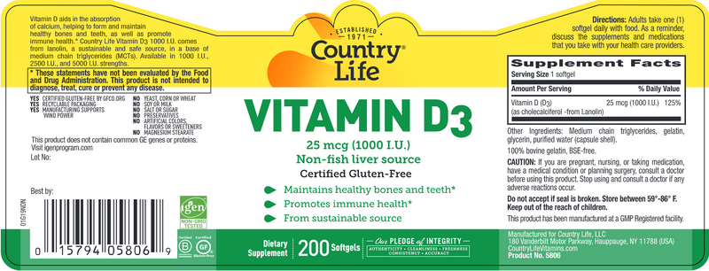 Vitamin D3 1000 IU (Country Life) Label