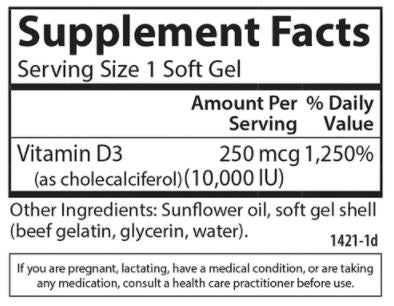 Vitamin D3 10000 IU (Carlson Labs) Supplement Facts