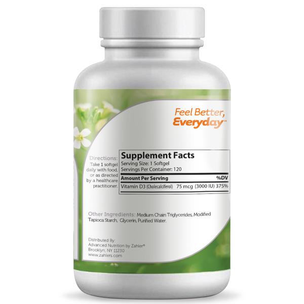 Vitamin D3 3000 IU softgels (Advanced Nutrition by Zahler) Side 2