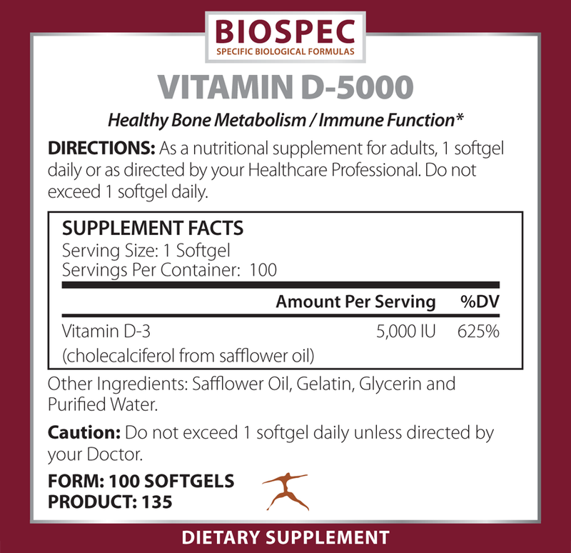 Vitamin D3 5000 (Biospec Nutritionals) Supplement Facts