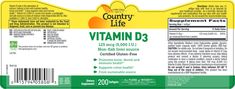 Vitamin D3 5000 IU (Country Life) Label