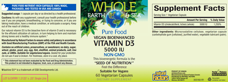 Vitamin D3 5000 IU (Whole Earth and Sea Natural Factors) Label
