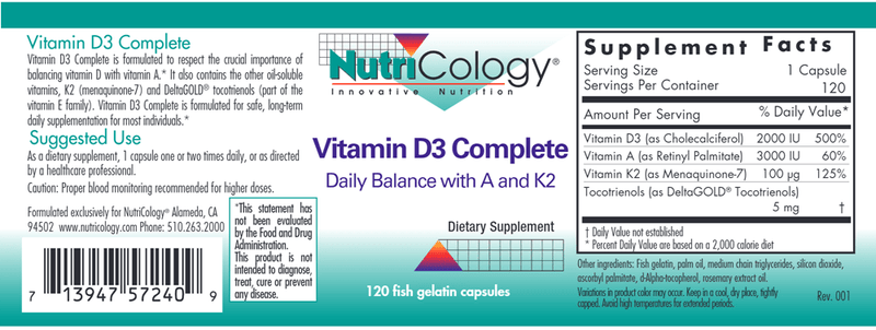 Vitamin D3 Complete (Nutricology) Label