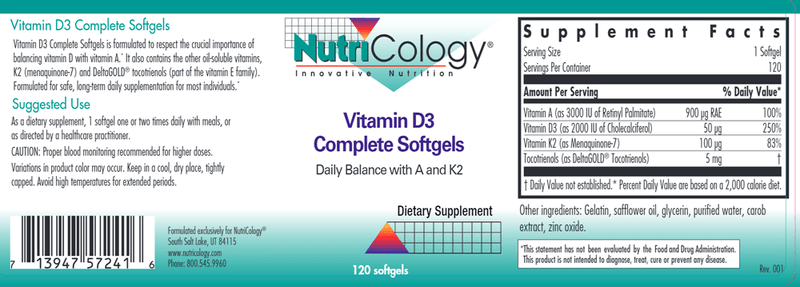 Vitamin D3 Complete Softgels (Nutricology) 120ct Label