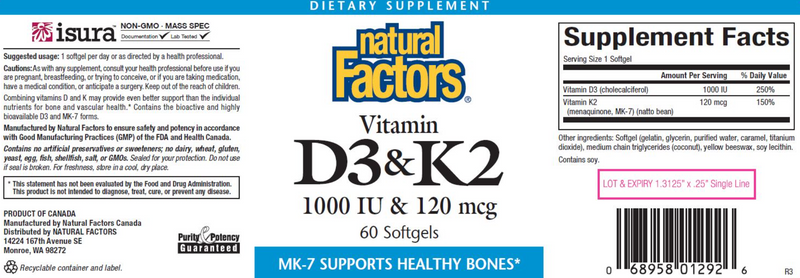 Vitamin D3 & K2 (Natural Factors) Label