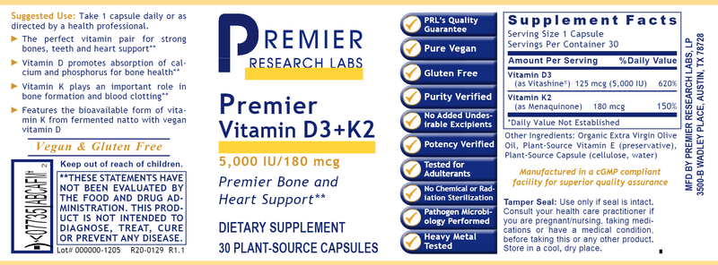 Vitamin D3+K2 Premier (Premier Research Labs) Label