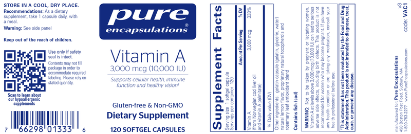 Vitamin A 3,000 mcg (10,000 IU) (Pure Encapsulations) label