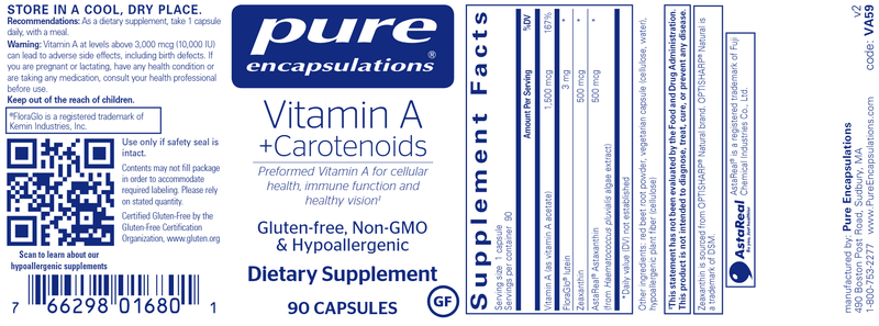 Vitamin A + Carotenoids (Pure Encapsulations) label