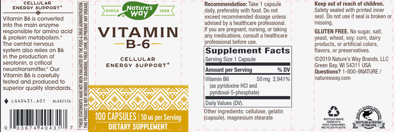Vitamin B-6 50 mg (Nature's Way) Label