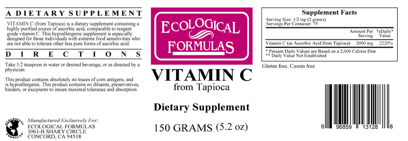 Vitamin C from Tapioca (Ecological Formulas) Label