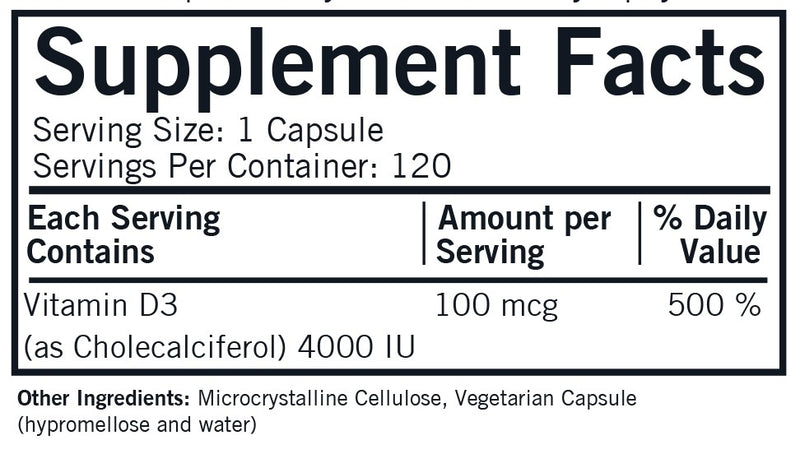 Vitamin D-3 4000 IU (Kirkman Labs) Supplement Facts