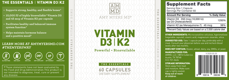 Vitamin D3/K2 10000 IU (Amy Myers MD) Label