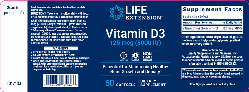 Vitamin D3 125 mcg (Life Extension) Label