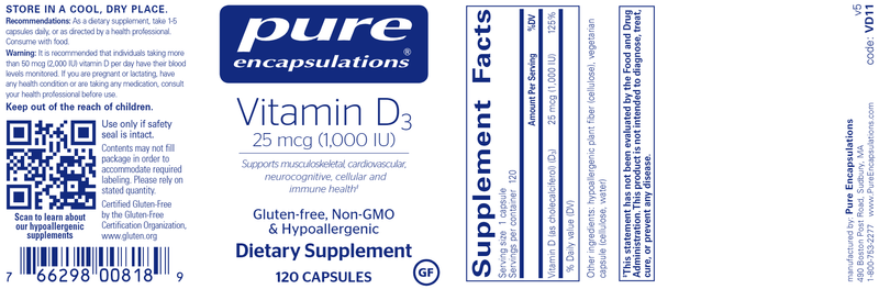 Vitamin D3 1,000 IU - 120 CAPSULES - (Pure Encapsulations) label