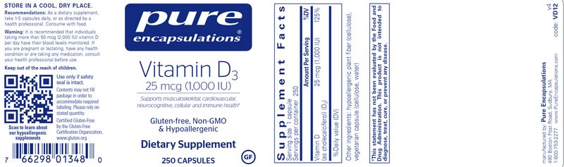 Vitamin D3 1,000 IU - 250 CAPSULES - (Pure Encapsulations) label