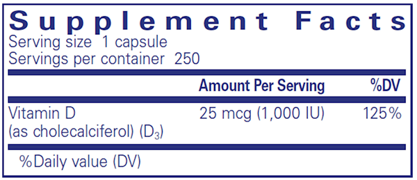 Vitamin D3 1,000 IU - 250 CAPSULES - (Pure Encapsulations) supplement facts