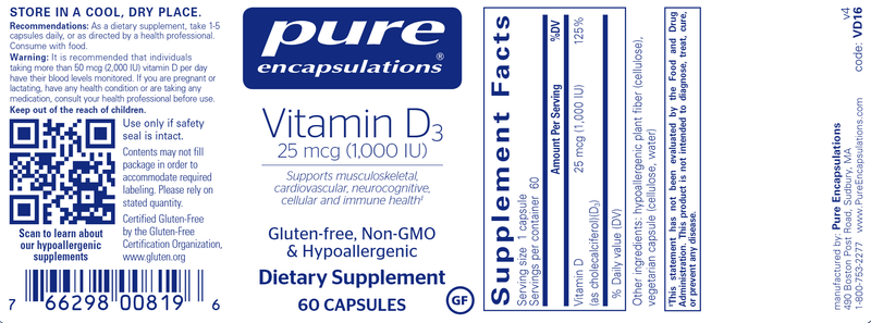 Vitamin D3 1,000 IU - 60 CAPSULES - (Pure Encapsulations) label