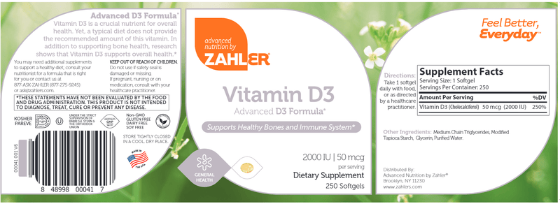 Vitamin D3 2000 IU Softgels (Advanced Nutrition by Zahler) 250ct Label