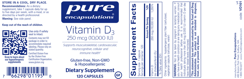 Vitamin D3 250 mcg (10,000 IU) 120 caps (Pure Encapsulations) label