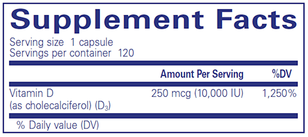 Vitamin D3 250 mcg (10,000 IU) 120 caps (Pure Encapsulations) supplement facts
